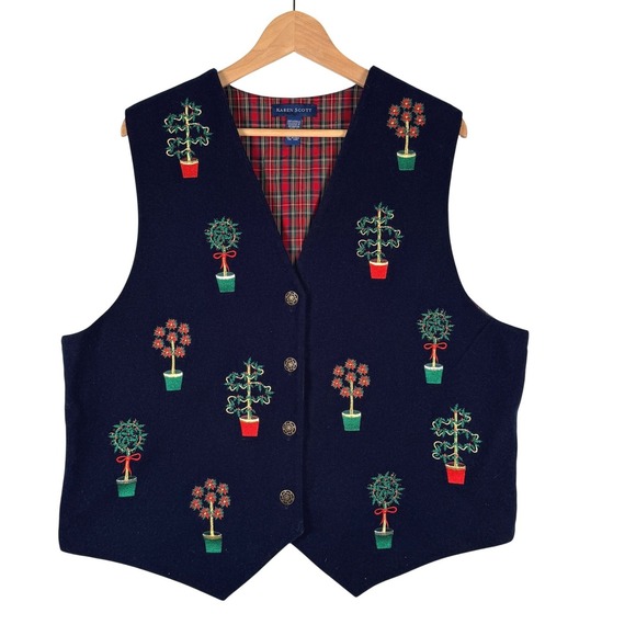Karen Scott Jackets & Blazers - Karen Scott Vintage Christmas Vest Navy Blue Embroidered Topiary Plaid Lined XL